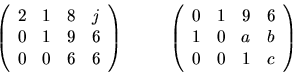 \begin{displaymath}\left( \begin{array}{cccc}
2 & 1 & 8 & j \\
0 & 1 & 9 & 6 \...
... & 9 & 6 \\
1 & 0 & a & b \\
0 & 0 & 1 & c \end{array}\right)\end{displaymath}