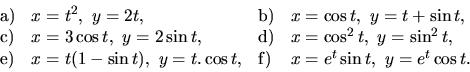 \begin{displaymath}
\begin{array}{llll}
{\mathrm a)} & x = t^2,\ y = 2t, &
{\mat...
... t, &
{\mathrm f)} & x = e^t\sin t,\ y = e^t\cos t.
\end{array}\end{displaymath}