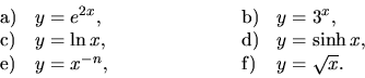 \begin{displaymath}
\begin{array}{llllll}
{\mathrm a)} & y = e^{2x}, & \hspace{2...
...{-n}, & \hspace{2cm} & {\mathrm f)} & y = \sqrt{x}.
\end{array}\end{displaymath}
