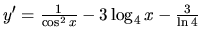 $y'=\frac{1}{\cos^2 x} - 3\log_4 x - \frac{3}{\ln 4}$