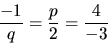 \begin{displaymath}
\frac{-1}{q} = \frac{p}{2} = \frac{4}{-3}
\end{displaymath}