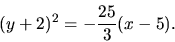 \begin{displaymath}
(y + 2)^2 = -\frac{25}{3}(x - 5).
\end{displaymath}