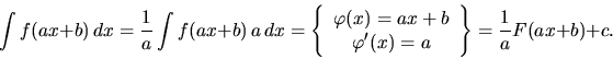 \begin{displaymath}
\int f(ax+b)\,dx = \frac{1}{a} \int f(ax+b)\, a\,dx =
\left...
...arphi'(x) = a
\end{array} \right\}
= \frac{1}{a} F(ax+b) + c.
\end{displaymath}