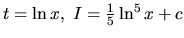 $t = \ln x,\ I = \frac15 \ln^5 x + c$