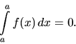 \begin{displaymath}
\int\limits_a^a f(x)\,dx = 0.
\end{displaymath}