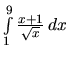 $\int\limits_{1}^{9} \frac{x+1}{\sqrt{x}}\,dx$