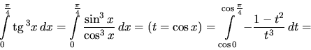 \begin{displaymath}
\int\limits_0^{\frac{\pi}{4}} \mbox{tg}\,^3 x\,dx =
\int\l...
...\limits_{\cos 0}^{\cos \frac{\pi}{4}} -\frac{1-t^2}{t^3}\,dt =
\end{displaymath}