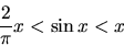 \begin{displaymath}
\frac{2}{\pi}x < \sin x < x
\end{displaymath}