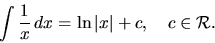 \begin{displaymath}
\int \frac{1}{x}\,dx = \ln \vert x\vert + c,\quad c \in \mathcal{R}.
\end{displaymath}